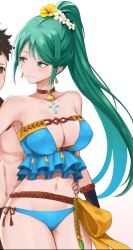 Rule 34 | 1boy, 1girl, artist request, belt, bikini, blue bikini, blush, breasts, brown eyes, brown hair, chest jewel, choker, cleavage, collar, cosplay, earrings, fire emblem, fire emblem: the blazing blade, fire emblem heroes, flower, gloves, green eyes, green hair, hair flower, hair ornament, hand on own hip, highres, jewelry, large breasts, long hair, looking back, lyn (fire emblem), lyn (summer) (fire emblem), navel, neck, necklace, nintendo, nintendo switch, non-web source, official alternate costume, panties, pneuma (xenoblade), ponytail, rex (xenoblade), side-tie bikini bottom, simple background, smile, source request, strapless, strapless bikini, swept bangs, swimsuit, thighs, torso grab, underwear, very long hair, white background, xenoblade chronicles (series), xenoblade chronicles 2