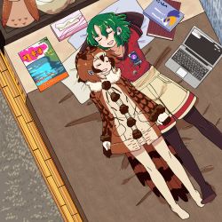 Rule 34 | 2girls, absurdres, arm rest, arms at sides, arms behind head, arms up, bed, bird tail, blush stickers, book, brown hair, cargo shorts, cellphone, coat, computer, contemporary, digital media player, earbuds, earphones, elbow gloves, eurasian eagle owl (kemono friends), closed eyes, from above, fur collar, gloves, green hair, hair between eyes, height difference, highres, indoors, kaban (kemono friends), kemono friends, laptop, long sleeves, lying, magazine (object), medium hair, multicolored hair, multiple girls, on back, on bed, ookii yama, open mouth, owl ears, phone, pocket, pom pom (clothes), shared earphones, shirt, short sleeves, shorts, side-by-side, smartphone, smile, t-shirt, tail