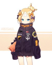 Rule 34 | 1girl, abigail williams (fate), abigail williams (traveling outfit) (fate), bad id, bad pixiv id, black bow, black jacket, blonde hair, blue eyes, bow, character name, commentary request, fate/grand order, fate (series), hair bow, hair bun, highres, jacket, key, long hair, long sleeves, hugging object, official alternate costume, orange bow, parted bangs, polka dot, polka dot bow, sal gun, single hair bun, sleeves past fingers, sleeves past wrists, solo, star (symbol), stuffed animal, stuffed toy, teddy bear