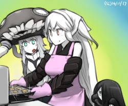 Rule 34 | 10s, 3girls, :o, abyssal ship, aircraft carrier oni, apron, aqua eyes, baking, bandana, black hair, colored skin, cookie, dated, food, gauntlets, hamu koutarou, hat, ka-class submarine, kantai collection, long hair, multiple girls, one side up, orange eyes, oven, oven mitts, oxygen mask, short hair, side ponytail, sparkle, teeth, tentacles, white hair, white skin, wo-class aircraft carrier