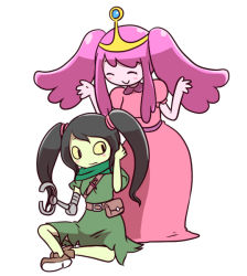 Rule 34 | 2girls, ^ ^, adventure time, alternate hairstyle, black hair, blush, blush stickers, closed eyes, colored sclera, colored skin, dress, embarrassed, green skin, happy, leaning forward, long hair, multiple girls, nollety, pink dress, pink hair, pink skin, princess, princess bonnibel bubblegum, prosthesis, prosthetic arm, shoes, shoko (adventure time), simple background, sitting, smile, standing, tunic, twintails, weapon, white background, yellow sclera