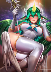 Rule 34 | 1girl, alternate costume, badcompzero, bare shoulders, blush, breasts, gloves, green eyes, green hair, horns, large breasts, league of legends, lips, long hair, looking at viewer, lying, on side, single horn, smile, solo, soraka (league of legends), staff, star guardian (league of legends), star guardian soraka, thighhighs, thighs, white gloves, white thighhighs