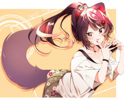 Rule 34 | 1girl, :q, animal ears, blush, breasts, brown hair, character name, cleavage, dog ears, dog girl, dog hair ornament, dog tail, eating, floral print, flower, food, food on face, green skirt, hair flower, hair ornament, heterochromia, highres, holding, holding food, inui toko, leaning forward, long hair, looking at viewer, medium breasts, nail polish, nijisanji, onigiri, ponytail, print skirt, red eyes, red flower, red nails, shigure (sigre), shirt, short sleeves, skirt, smile, solo, tail, tongue, tongue out, virtual youtuber, white shirt, yellow eyes