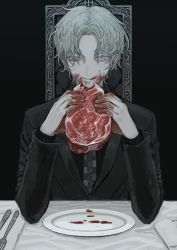Rule 34 | 1boy, black necktie, blood, blood on face, blood on hands, blue eyes, chair, closed mouth, eating, elbows on table, fingernails, food, fork, formal, grey hair, highres, holding, holding food, licking lips, male focus, meat, napkin, necktie, neckwear request, original, patterned, patterned clothing, plate, raw meat, shida 7, signature, sitting, slit pupils, solo, suit, table, tongue, tongue out