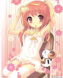 Rule 34 | 00s, 1girl, absurdres, akihime sumomo, bell, blush, blush stickers, chair, dress, highres, ito noizi, long hair, looking at viewer, mouth hold, nanatsuiro drops, orange eyes, orange hair, ribbon, scan, sitting, solid oval eyes, solo, thighhighs, white thighhighs, yuki-chan