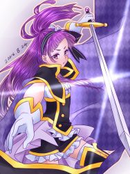 Rule 34 | 1girl, blunt bangs, center frills, dated, frills, gloves, hair ribbon, half updo, holding, holding sword, holding weapon, izayoi liko, knight, long hair, looking at viewer, mahou girls precure!, ponytail, precure, purple eyes, purple hair, ribbon, solo, striped ribbon, sword, weapon