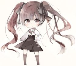 Rule 34 | 1girl, brown eyes, brown hair, chibi, commentary request, full body, hair ribbon, hand on own hip, kotatu (akaki01aoki00), long sleeves, looking at viewer, original, ribbon, skirt, smile, solo, twintails, white background