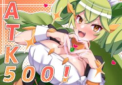 Rule 34 | 1girl, absurdres, alternate breast size, apron, ashikoshi jakushi, breasts, cleavage, collar, dragon girl, dragon horns, dragon tail, dress, duel monster, finger gun, green hair, heart, heart hands, highres, horns, large breasts, long hair, looking at viewer, maid, maid apron, maid headdress, metal collar, open mouth, parlor dragonmaid, puffy sleeves, short sleeves, solo, tail, yellow eyes, yu-gi-oh!
