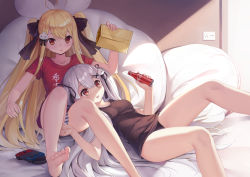 Rule 34 | 2girls, ahoge, arm up, bare legs, barefoot, bed sheet, black bow, black panties, black ribbon, black shirt, blonde hair, blouse, borrowed character, bottle, bow, breasts, coke bottle, collarbone, commentary request, envelope, feet, fingernails, hair between eyes, hair bow, hair ornament, hair ribbon, heart, heart ahoge, holding, holding bottle, long hair, lying, manila envelope, multiple girls, no pants, on back, original, panties, pillow, red eyes, red shirt, ribbon, shirt, short sleeves, siblings, silver hair, sisters, sitting, small breasts, soles, striped clothes, striped panties, toes, tokisaki asaba, tokisaki mio (niliu chahui), two side up, underwear, very long hair, x hair ornament, xiaoyin li