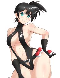 Rule 34 | 1girl, alternate hair color, armpits, asymmetrical hair, bare shoulders, belt, black hair, blush, breasts, center opening, cleavage, covered collarbone, creatures (company), curvy, ears, elbow gloves, fingerless gloves, game freak, gatuno, gloves, gradient background, green eyes, hair bun, halterneck, hand on own hip, hand on own hip, hand up, highleg, highleg swimsuit, highres, holding, looking at viewer, medium breasts, misty (pokemon), navel, nintendo, one-piece swimsuit, poke ball, pokemon, pokemon: the electric tale of pikachu, ponytail, shiny clothes, short hair, side ponytail, signature, simple background, slingshot swimsuit, smile, solo, swimsuit, thighs, turtleneck