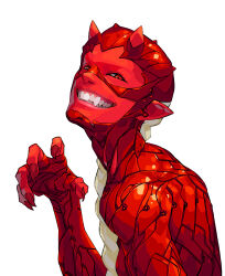 Rule 34 | 1boy, bodysuit, braid, claw pose, colored skin, demon boy, fingernails, highres, horns, looking at viewer, male focus, open mouth, original, pointy ears, red eyes, red skin, red theme, science fiction, sharp fingernails, sharp teeth, simple background, smile, solo, teeth, teru by m, upper body, white background