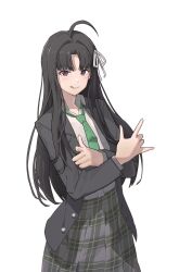 Rule 34 | 1girl, absurdres, ahoge, awa subaru, black hair, black jacket, blazer, blush, closed mouth, collared shirt, commentary, dress shirt, gan xing naobing, girls band cry, green necktie, grey skirt, hair ribbon, hashtag-only commentary, highres, jacket, long hair, long sleeves, looking at viewer, necktie, open clothes, open jacket, parted bangs, plaid, plaid skirt, pleated skirt, pointing, pointing at viewer, purple eyes, ribbon, school uniform, shirt, shirt tucked in, sidelocks, simple background, skirt, solo, tongue, tongue out, white background, white ribbon, white shirt