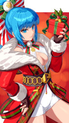 Rule 34 | 1girl, belt, blue eyes, blue hair, bow, bow choker, box, breasts, capelet, christmas, cleavage, cleavage cutout, clothing cutout, crop top, fur-trimmed capelet, fur trim, gift, gift box, gloves, hair bow, highres, large breasts, leona heidern, long hair, looking at viewer, merry christmas, ponytail, santa costume, shorts, smile, solo, tank top, the king of fighters, the king of fighters all-stars, yagi2013