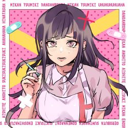 Rule 34 | 1girl, apron, bandages, bandaid, black hair, blush, breasts, character name, collared shirt, copyright name, cross, danganronpa (series), danganronpa 2: goodbye despair, hand up, highres, holding, holding syringe, large breasts, long hair, looking at viewer, lower teeth only, mole, mole under eye, open mouth, orange background, outside border, pink background, pink eyes, pink shirt, polka dot, polka dot background, puffy short sleeves, puffy sleeves, purple eyes, sanmian (chidarakeno), shirt, short sleeves, syringe, tearing up, teeth, tsumiki mikan, two-tone shirt, white shirt