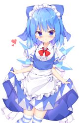 Rule 34 | 1girl, alternate costume, apron, blue dress, blue eyes, blue hair, blush, circled 9, cirno, clothes lift, commentary, contrapposto, cowboy shot, dress, enmaided, expressionless, hair ribbon, heart, highres, layered sleeves, looking at viewer, maid, maid headdress, pinafore dress, puffy short sleeves, puffy sleeves, ribbon, sabana, shirt, short hair, short sleeves, simple background, skirt, skirt lift, sleeveless, sleeveless dress, solo, striped clothes, striped thighhighs, thighhighs, touhou, waist apron, white background, white shirt