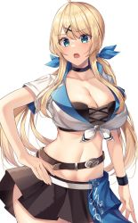 Rule 34 | 1girl, amagi korona, bare shoulders, blonde hair, blue eyes, bow, breasts, cleavage, hair bow, hair ornament, highres, large breasts, long hair, looking at viewer, navel, open mouth, original, shirt, simple background, skirt, solo, standing, white background