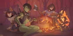 Rule 34 | animal ears, arbuz budesh, arm tattoo, armor, black hair, brown eyes, brown hair, camping, cat ears, cat girl, cat tail, cooking, elemental (creature), stomach, fire, fur collar, horns, nathy, orc, pointy ears, shaved head, short hair, tail, tattoo