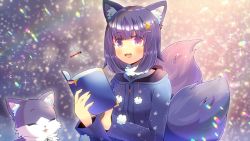 Rule 34 | 1girl, animal ears, book, bug, commission, crescent, crescent hair ornament, crescent moon, dragonfly, fox, fox ears, fox girl, fox tail, hair ornament, insect, kathykatz, kou hiyoyo, looking at viewer, moon, multiple tails, purple eyes, purple hair, skeb commission, sky, solo, star (sky), starry sky, tail, virsing, virtual youtuber