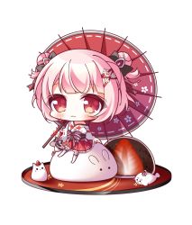Rule 34 | 1girl, :3, animal, black bow, blush, bow, cat, character request, chibi, closed mouth, cuisine dimension, double bun, flower, food, fruit, hair bow, hair bun, hair flower, hair ornament, hair ribbon, highres, holding, holding umbrella, japanese clothes, kimono, long sleeves, looking at viewer, obi, off shoulder, oil-paper umbrella, pink hair, pleated skirt, rabbit, red eyes, red ribbon, red skirt, red umbrella, ribbon, ribbon-trimmed sleeves, ribbon trim, ryuuka sane, sash, seal (animal), short hair, side bun, simple background, sitting, skirt, sleeves past wrists, solo, strawberry, thighhighs, tray, umbrella, white background, white flower, white kimono, white thighhighs, wide sleeves