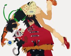 Rule 34 | 1boy, 1girl, 200 percent, animal, arm armor, armor, belt, black belt, black eyes, black hair, black shirt, boots, brown footwear, brown shorts, cait sith (ff7), cape, cat, closed eyes, clothed animal, crop top, cropped sweater, crossed arms, dark skin, elbow gloves, fangs, final fantasy, final fantasy vii, final fantasy vii rebirth, final fantasy vii remake, fingerless gloves, flat color, gauntlets, gloves, green headband, green sweater, grey background, hand on another&#039;s head, headband, highres, holding orb, japanese armor, kneehighs, leaning to the side, leg up, long hair, looking up, materia, messy hair, multicolored fur, open mouth, orange gloves, orb, red cape, red footwear, red headband, shirt, shoes, short hair, short shorts, shorts, single gauntlet, sleeveless, sleeveless sweater, smile, sneakers, socks, spiked gauntlets, sweater, teeth, turtleneck, turtleneck sweater, upper body, upper teeth only, vincent valentine, yuffie kisaragi