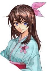Rule 34 | 1girl, amamiya sakura, blue eyes, bow, breasts, brown hair, character request, closed mouth, hungry clicker, japanese clothes, kimono, long hair, looking at viewer, sakura taisen, simple background, smile, solo, white background