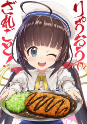 Rule 34 | 10s, 1girl, ;d, absurdres, ahoge, beret, blue dress, blue eyes, blunt bangs, blush, brown hair, c (neta), commentary request, dress, female focus, fingernails, food, hair ribbon, hat, highres, hinatsuru ai, holding, holding plate, layered sleeves, long hair, long sleeves, looking at viewer, low twintails, one eye closed, open mouth, outstretched arms, plate, puffy short sleeves, puffy sleeves, ribbon, ryuuou no oshigoto!, school uniform, short over long sleeves, short sleeves, smile, solo, teeth, translation request, twintails, upper teeth only, very long hair, white background, white hat, yellow ribbon