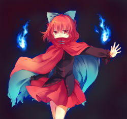 Rule 34 | 1girl, blue fire, bow, cape, female focus, fire, hair bow, highres, kirame kirai, outstretched arm, red eyes, red hair, sekibanki, simple background, skirt, solo, touhou