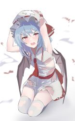 Rule 34 | 1girl, 258n, armpits, ascot, bat wings, blue hair, hands on headwear, hat, hat ribbon, highres, looking at viewer, open mouth, red ascot, red ribbon, red wings, remilia scarlet, ribbon, seiza, shirt, short hair, sitting, skirt, sleeveless, solo, thighhighs, torn clothes, touhou, v-shaped eyebrows, white hat, white shirt, white skirt, white thighhighs, wings