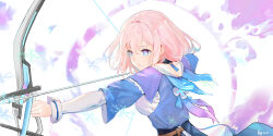 Rule 34 | 1girl, absurdres, arrow (projectile), artist name, black corset, blue eyes, blue jacket, bow (weapon), breasts, chinese commentary, closed mouth, commentary request, corset, drawing bow, from behind, gradient eyes, gradient jacket, highres, holding, holding bow (weapon), holding weapon, honkai: star rail, honkai (series), jacket, long sleeves, march 7th (honkai: star rail), medium breasts, medium hair, mojiujiu, multicolored eyes, pink hair, pink jacket, purple eyes, shirt, snowflakes, solo, underbust, upper body, weapon, white shirt