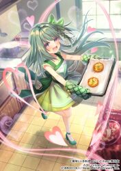 Rule 34 | 1girl, :d, ankle strap, apron, baking, baking sheet, blush, bow, cooking pot, copyright notice, counter, dress, food, full body, green apron, green bow, green dress, green footwear, green hair, hair bow, heart, high heels, holding, holding tray, kitchen, ladle, looking at viewer, mixing bowl, official art, one side up, open mouth, ori simo, oven mitts, purple eyes, quiche, short sleeves, smile, solo, spatula, standing, standing on one leg, tile floor, tiles, tray, window, wispy bangs, z/x