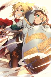 Rule 34 | 2girls, ahoge, armor, armored dress, blonde hair, blush, blush stickers, clarent (fate), closed mouth, commentary request, echo (circa), fate/apocrypha, fate/grand order, fate (series), gareth (fate), gauntlets, green eyes, hair between eyes, helmet, holding, holding polearm, holding shield, holding spear, holding sword, holding weapon, knight, knights of the round table (fate), mordred (fate), mordred (fate/apocrypha), multiple girls, open mouth, polearm, ponytail, sharp teeth, shield, short hair, siblings, simple background, sisters, smile, spear, spiked hair, sword, teeth, weapon, white background