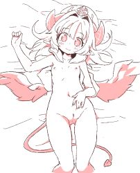 Rule 34 | 1girl, anus, arcana trust, cleft of venus, demon tail, done (donezumi), female focus, hat, horns, lying, monochrome, navel, nipples, nude, on back, pointy ears, pussy, shinrabanshou, smile, solo, tail, thigh gap, wings