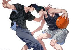 Rule 34 | 2boys, armpit peek, arms up, ball, basketball, basketball (object), black eyes, black hair, black shirt, black tank top, blue eyes, blue pants, closed mouth, clothes lift, eye contact, face-to-face, feet out of frame, grey shorts, highres, holding, holding ball, looking at another, male focus, midriff peek, motion blur, multiple boys, niarwol, pants, parted lips, pectorals, playing sports, rukawa kaede, sendou akira, shirt, short hair, shorts, sidepec, simple background, slam dunk (series), smile, spiked hair, sweat, tank top, toned, toned male, white background