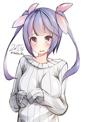 Rule 34 | 10s, 1girl, bad id, bad pixiv id, i-19 (kancolle), kantai collection, long hair, nekobaka, purple hair, red eyes, ribbed sweater, solo, sweater, twintails