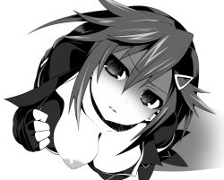 Rule 34 | 1girl, ankokuboshi kurome, braid, breasts, clothes pull, fingerless gloves, from above, gloves, greyscale, hair between eyes, hair ornament, hairclip, highres, kurozero, long hair, looking at viewer, looking up, medium breasts, mind control, monochrome, neptune (series), nipples, no bra, parted lips, pulled by self, shin jigen game neptune vii, shirt pull, simple background, solo, twin braids, twintails