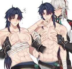 Rule 34 | 2boys, abs, ahoge, armband, bandaged hand, bandages, bara, blush, chest sarashi, chinese clothes, collarbone, earrings, grabbing, grey pants, hair over one eye, hand on own chin, high ponytail, highres, honkai: star rail, honkai (series), jewelry, jing yuan, long hair, male focus, mole, mole under eye, multiple boys, multiple scars, muscular, muscular male, navel, pants, parted lips, pectoral grab, pectorals, red armband, red hair, sarashi, scar, scar on arm, scar on chest, scar on hand, scar on shoulder, scar on stomach, seum (kao husband), simple background, standing, sweatdrop, topless male, upper body, white hair, yaoi, yellow eyes
