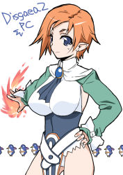 Rule 34 | 1girl, blue eyes, breasts, brown hair, disgaea, fire, fire, hand on own hip, large breasts, leotard, looking at viewer, magic knight (disgaea), pointy ears, prinny, short hair, simple background, smile, solo, thighs, white background, yamaura tamaki