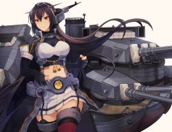 Rule 34 | 1girl, black gloves, black hair, breasts, closed mouth, cowboy shot, elbow gloves, gloves, hashtag only commentary, headgear, kantai collection, kasumi (skchkko), large breasts, long coat, looking at viewer, machinery, metal belt, nagato (kancolle), nagato kai ni (kancolle), partially fingerless gloves, pleated skirt, red eyes, red thighhighs, rigging, sakuramon, skirt, smile, solo, thighhighs, white skirt