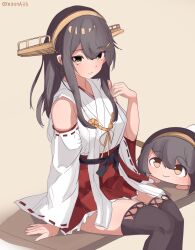 Rule 34 | 1girl, black hair, black thighhighs, brown background, brown eyes, character doll, detached sleeves, feet out of frame, hair ornament, hairclip, hakama, hakama skirt, haruna (kancolle), headgear, highres, japanese clothes, kantai collection, long hair, miron (mirona33), multiple views, nontraditional miko, pleated skirt, red skirt, ribbon-trimmed sleeves, ribbon trim, sitting, skirt, thighhighs, twitter username