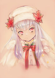 Rule 34 | 1girl, doraeshi, fire emblem, fire emblem: three houses, fire emblem heroes, flower, grey hair, hat, hat flower, highres, holly, long hair, lysithea von ordelia, lysithea von ordelia (winter), neck ribbon, nintendo, official alternate costume, pink background, red eyes, red flower, red ribbon, ribbon, simple background, solo, striped ribbon, upper body, white hat
