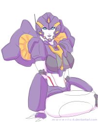 Rule 34 | 1girl, alien, blue eyes, breasts, colored skin, highres, humanoid robot, looking at viewer, m-a-v-e-r-i-c-k, medium breasts, nautica (transformers), on floor, panties, purple lips, purple panties, robot, simple background, solo, the transformers (idw), thick thighs, thighs, transformers, underwear, white background, white skin, wings