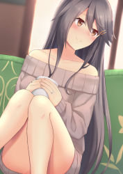 Rule 34 | 1girl, akahi242, alternate costume, bare shoulders, blush, brown eyes, brown sweater, convenient leg, couch, cup, feet out of frame, grey hair, hair ornament, hairclip, haruna (kancolle), highres, holding, holding cup, jewelry, kantai collection, long hair, looking to the side, off-shoulder sweater, off shoulder, ring, sitting, smile, solo, sweater, wedding band