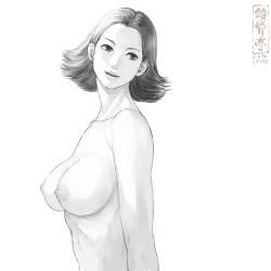 Rule 34 | 1girl, :d, artist logo, breasts, collarbone, from side, greyscale, large breasts, looking at viewer, looking to the side, monochrome, nipples, nude, open mouth, original, short hair, shu-mai, simple background, smile, solo, white background