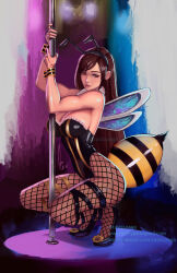 Rule 34 | 1girl, antennae, asymmetrical bangs, bare shoulders, bee costume, breasts, brown eyes, brown hair, cleavage, final fantasy, final fantasy vii, final fantasy vii remake, fishnets, hairband, high heels, insect wings, justin paul, large breasts, long hair, muscular, muscular female, pantyhose, parted lips, pole, pole dancing, solo, squatting, stinger, stripper pole, thigh strap, tifa lockhart, wings, wrist cuffs