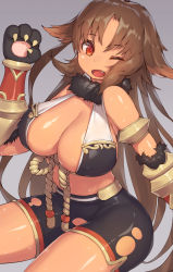 Rule 34 | 1girl, animal ears, animal hands, bracer, breasts, brown hair, claws, cleavage, covered erect nipples, dark-skinned female, dark skin, dog ears, fang, highres, kaori (princess connect!), large breasts, long hair, midriff, one eye closed, open mouth, pepper0, princess connect!, red eyes, rope, shiny skin, shorts, simple background, sitting, solo, sweat, very long hair