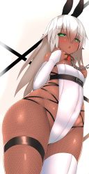 Rule 34 | 1girl, animal ears, blush, breasts, bridal gauntlets, chain, collar, curvy, dark-skinned female, dark skin, elf, fake animal ears, fishnet pantyhose, fishnets, green eyes, highres, leotard, looking at viewer, open mouth, original, pantyhose, playboy bunny, pointy ears, rabbit ears, small breasts, solo, souma (ordures), white background, wide hips