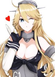 Rule 34 | 1girl, bad id, bad twitter id, breasts, hair between eyes, iowa (kancolle), kantai collection, large breasts, long hair, looking at viewer, morinaga miki, open mouth, simple background, standing, star-shaped pupils, star (symbol), symbol-shaped pupils, white background