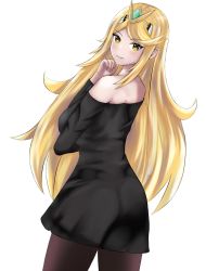 Rule 34 | 1girl, ass, bare shoulders, black dress, blonde hair, dress, from behind, highres, langspower, long hair, long sleeves, looking at viewer, mythra (xenoblade), pantyhose, solo, standing, tiara, xenoblade chronicles (series), xenoblade chronicles 2, yellow eyes