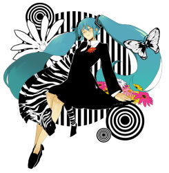 Rule 34 | 1girl, blue hair, dress, closed eyes, flower, hatsune miku, long hair, luo zi, necktie, raku ji, saihate (vocaloid), solo, twintails, vocaloid, zebra