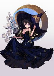 Rule 34 | 1girl, bare shoulders, black hair, blue dress, blue gemstone, blue hat, crescent, crescent moon, crescent tattoo, dress, flower, frills, gem, gradient background, hair between eyes, hand on headwear, hand tattoo, hat, highres, hyatsu, jewelry, large hat, long hair, moon, necklace, off-shoulder dress, off shoulder, original, parted lips, purple eyes, signature, solo, sparkle, tattoo, white flower, witch, witch hat